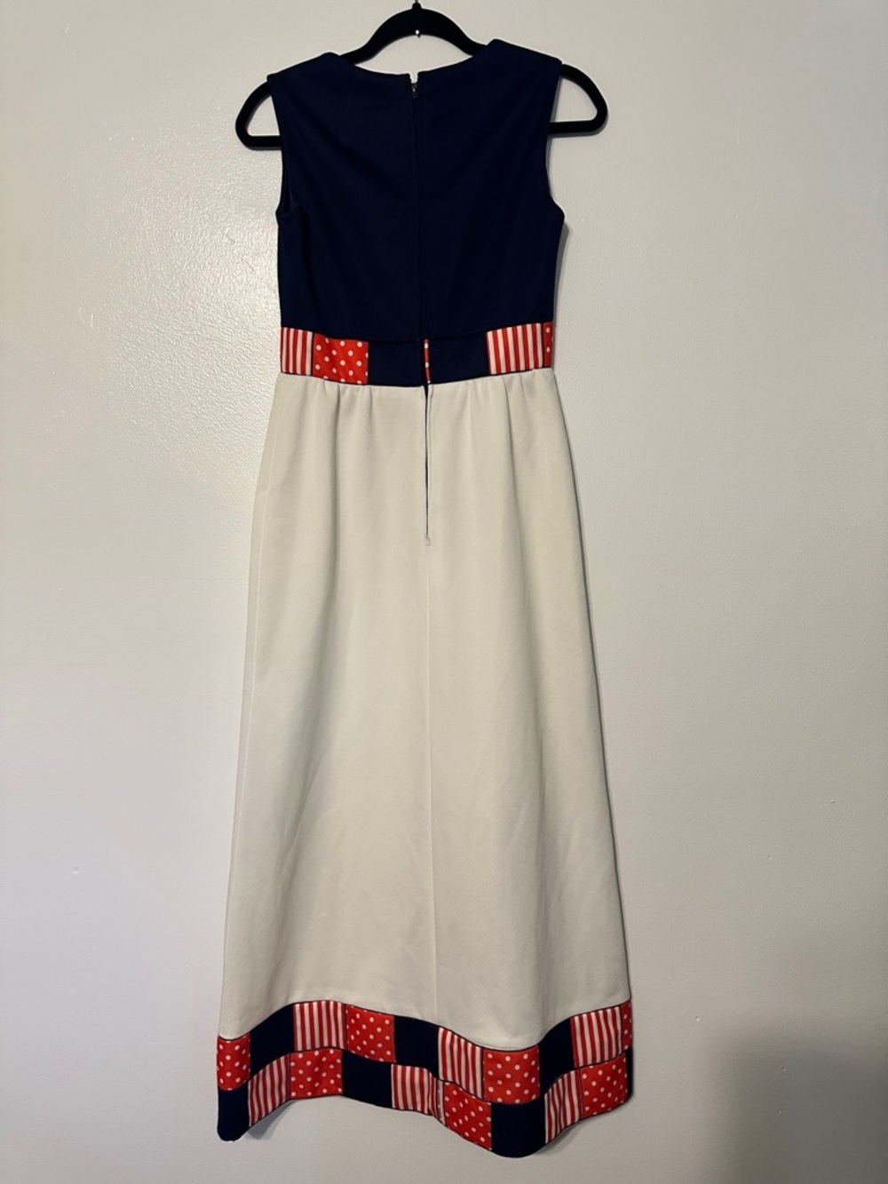 Vintage 1970s Column Maxi Dress Patchwork Navy White Red - Picture 6 of 8